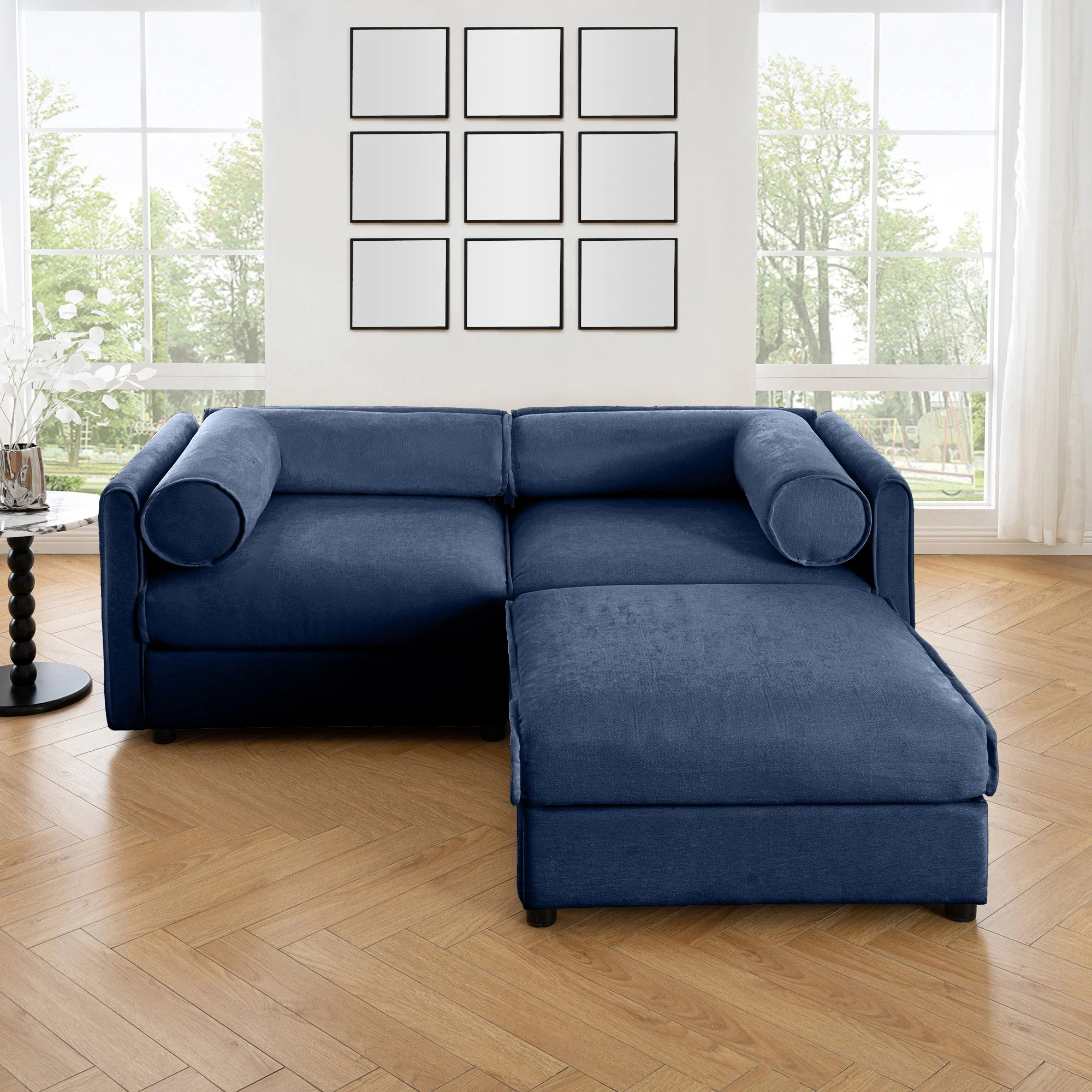 Walker Edison | Stylish Blue Chenille Loveseat Sofa with Ottoman Storage Seat