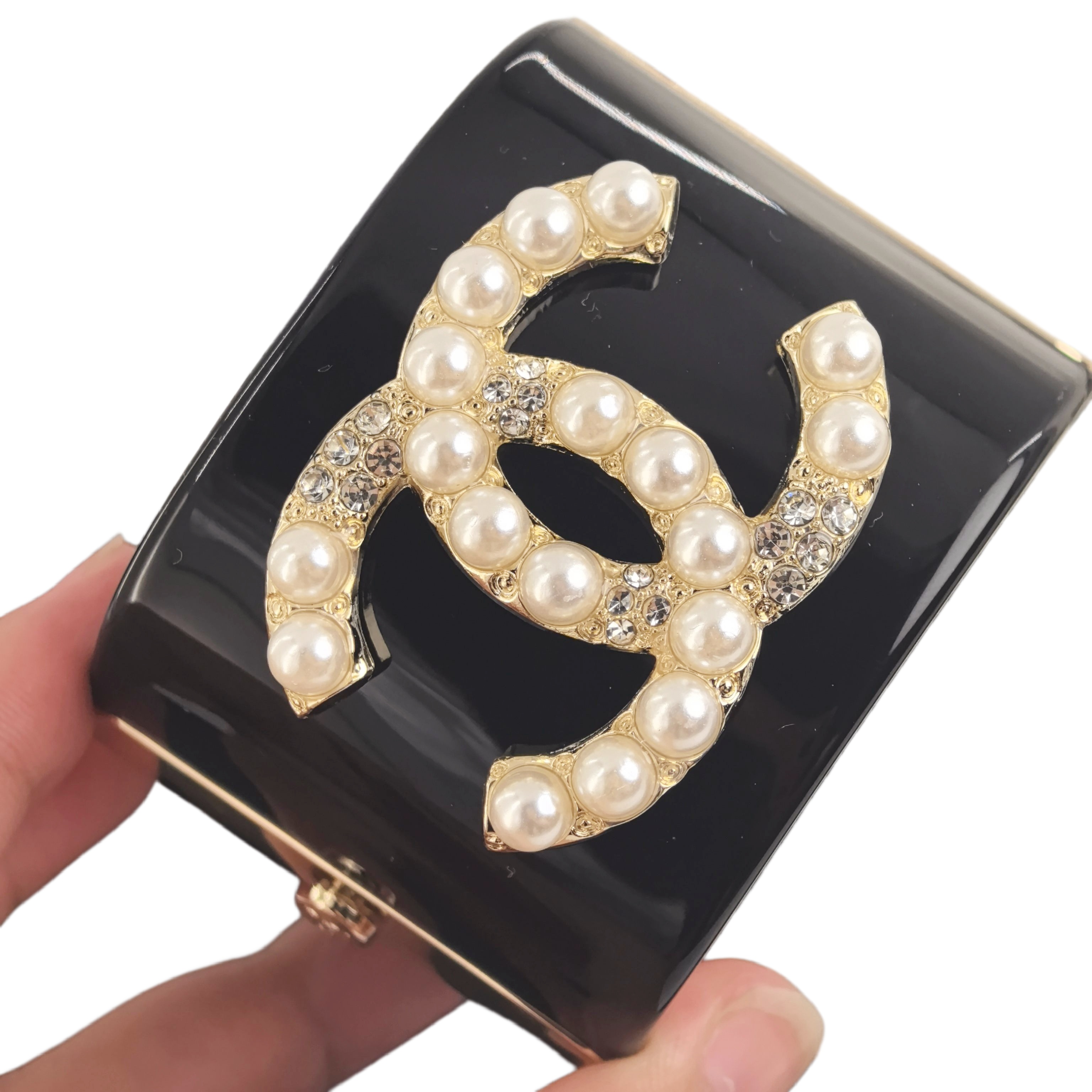 CCS101 CC wide acrylic with crystal and pearl cc logo cuff bracelet - ccjewelryacc