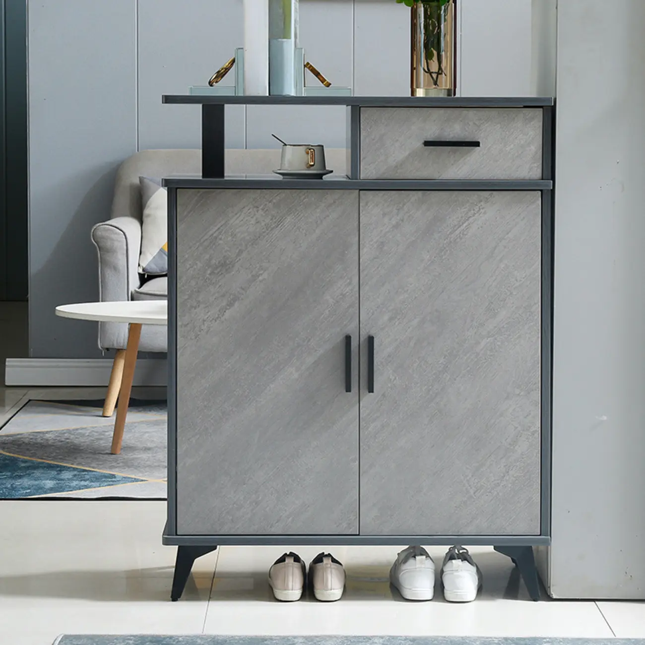 Entryway Grey Wood Shoe Storage Cabinet with Display Top