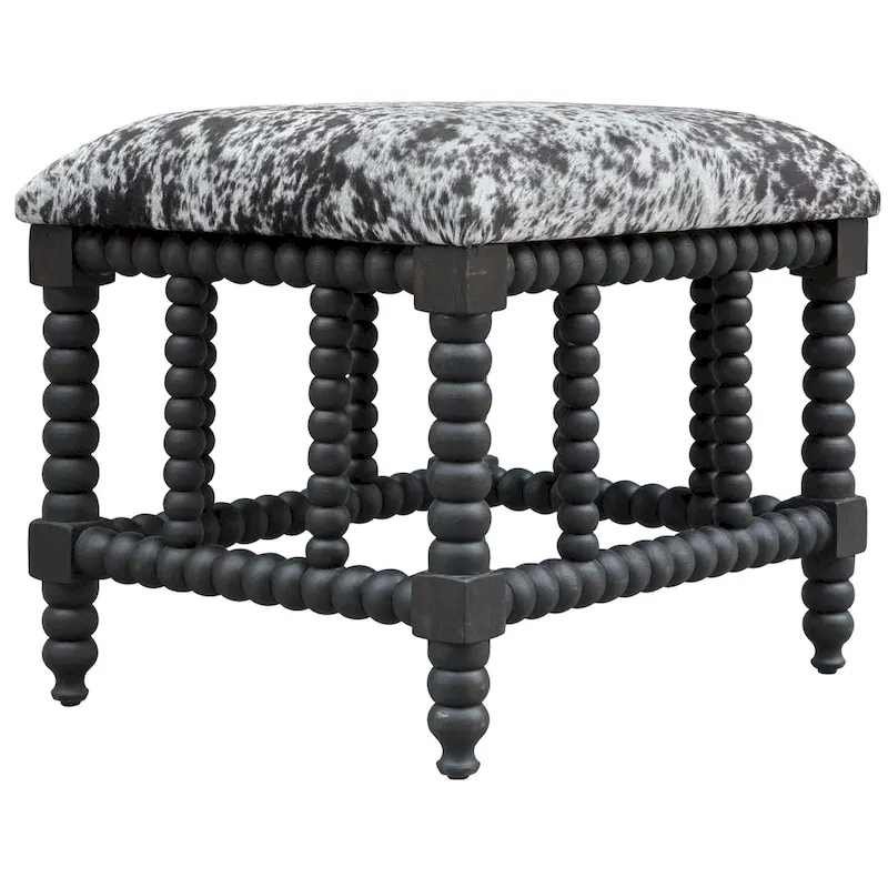 Matte Black Faux Cowhide Upholstered Bench, Single Seat
