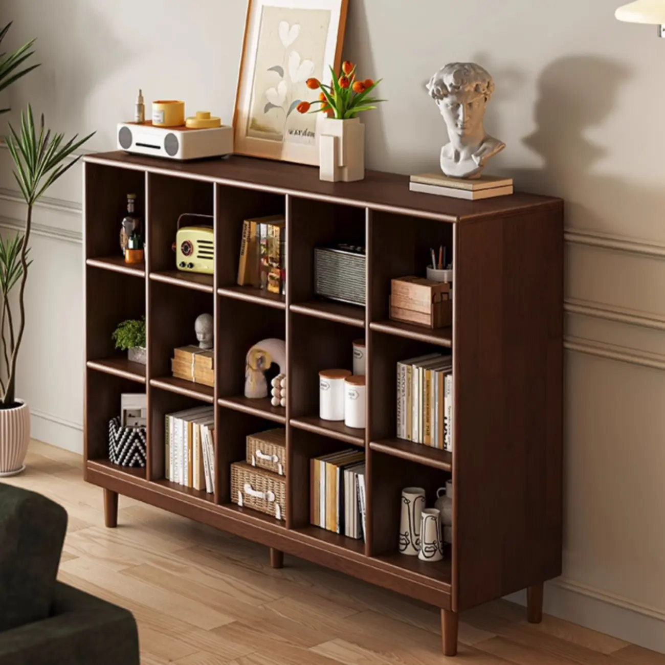 Brown Natural Wood Freestanding Modular Cube Bookcase