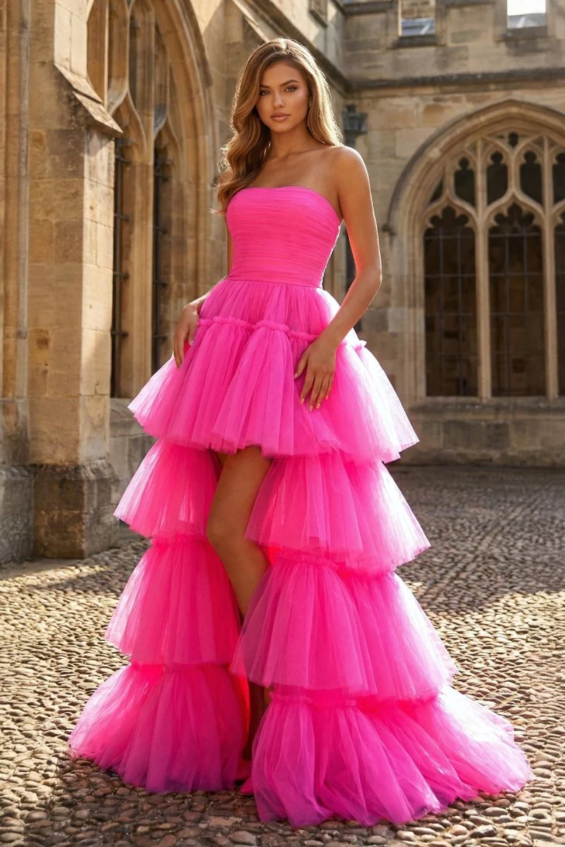 A-line High Low Strapless Tulle Prom Dress with Ruffles