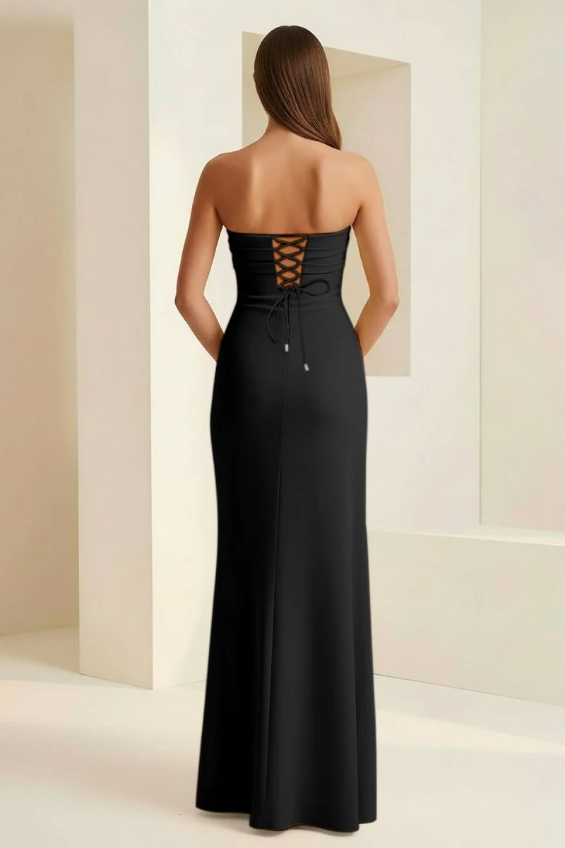 Black - Mermaid Strapless Satin Pleated Long Prom Dress with Slit