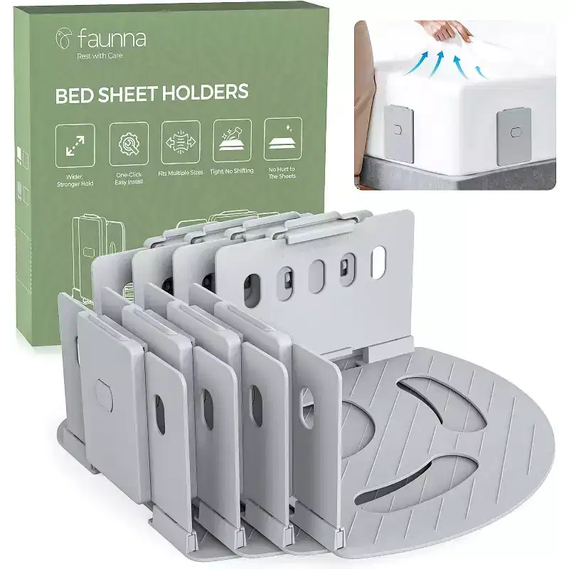 Faunna Bed Lock Sheet Holders, Upgrade Straps Keep Sheets Firm & Tight, Fitted Sheet Clips for Corners, Easy One-Time Installation, Grey