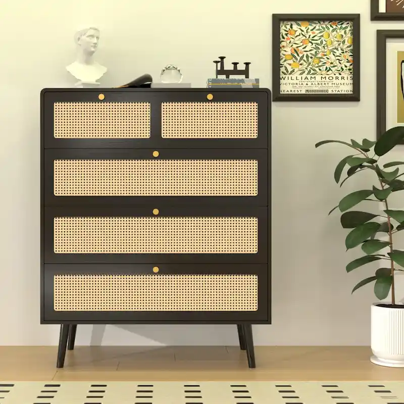 Black 5-Drawer Rattan Chest with Gold Handles