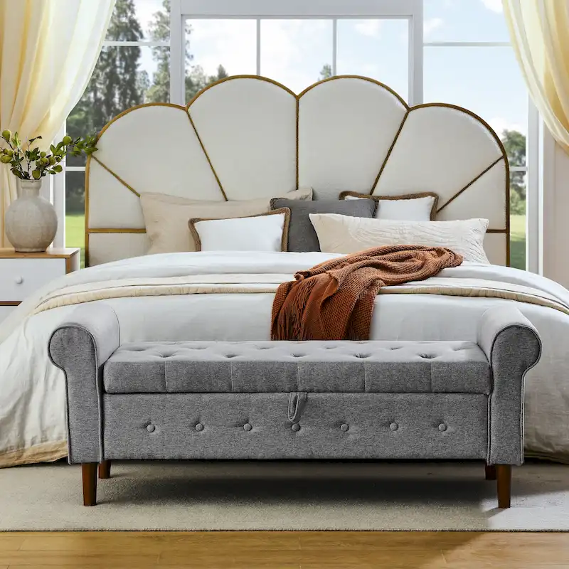 Modern Fabric Upholstered Storage Bench with Tufted Button and Rolled Arm