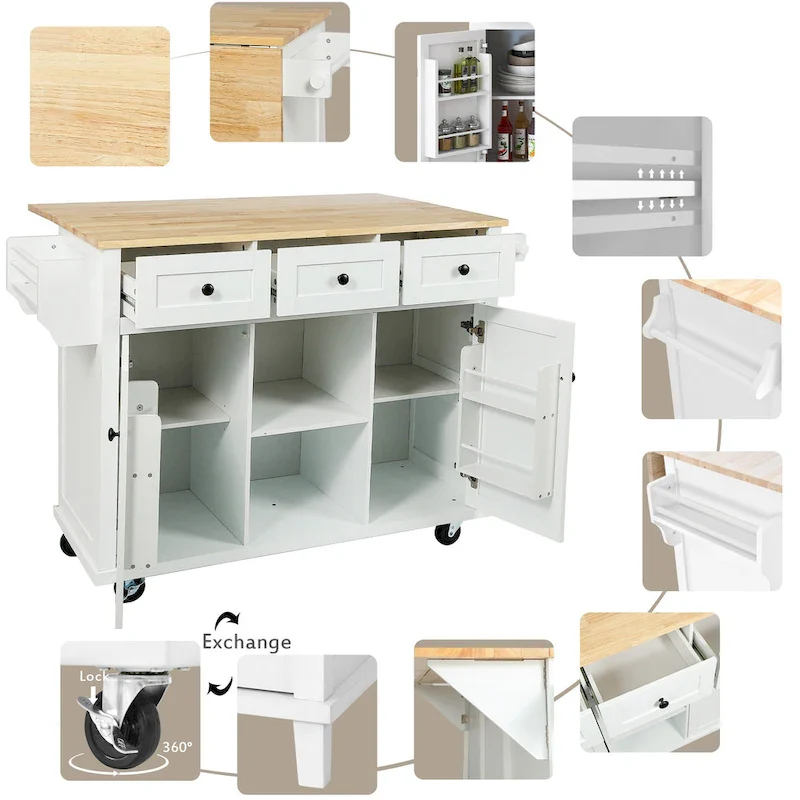 Kitchen Cart with Rubber wood Drop-Leaf Countertop