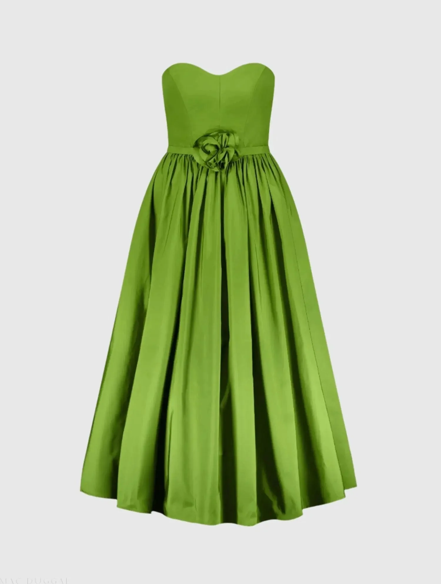 Green Faille Strapless A Line Midi Dress With 3D Rose
