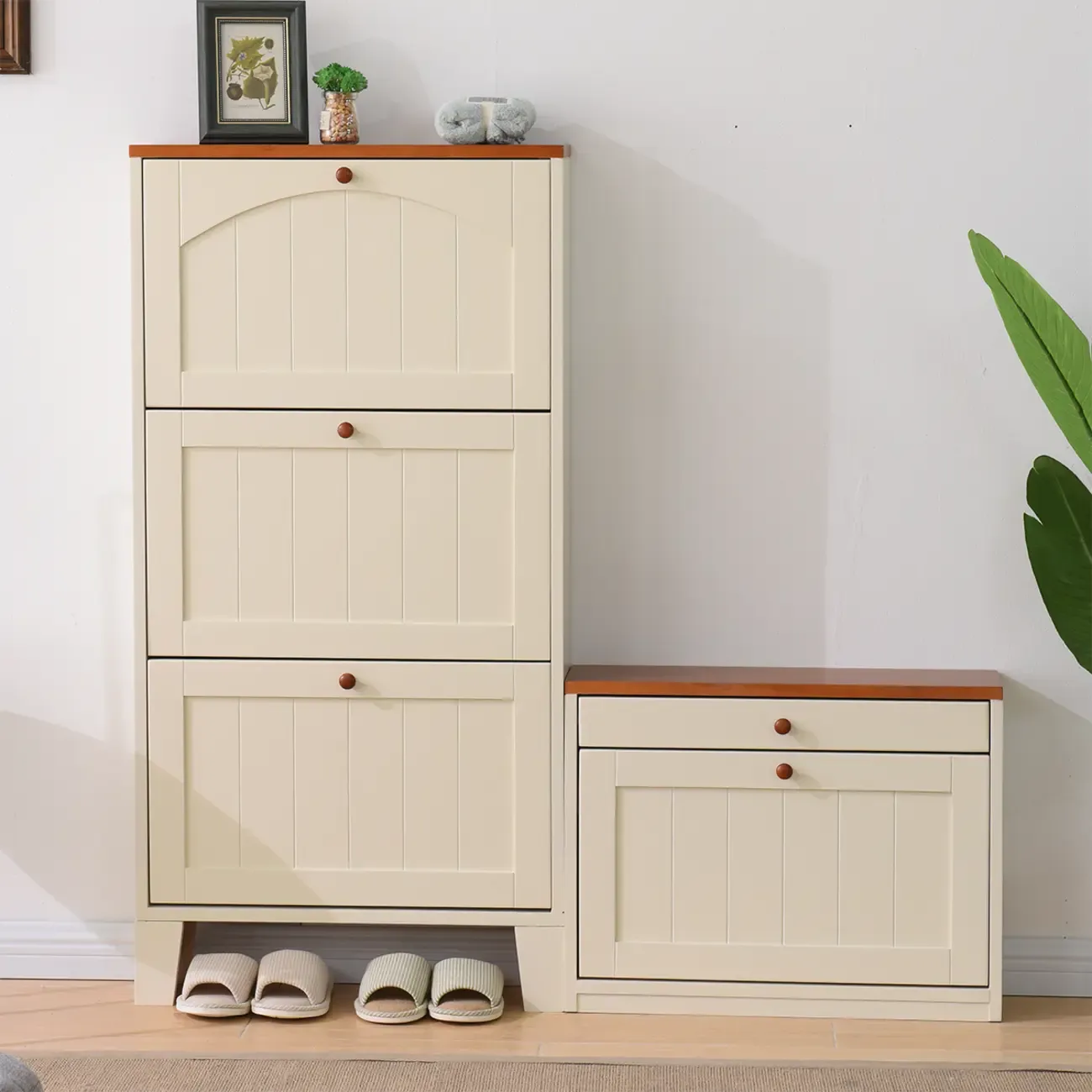Entryway White/Tawny Wooden Wall-Mounted Shoe Cabinet