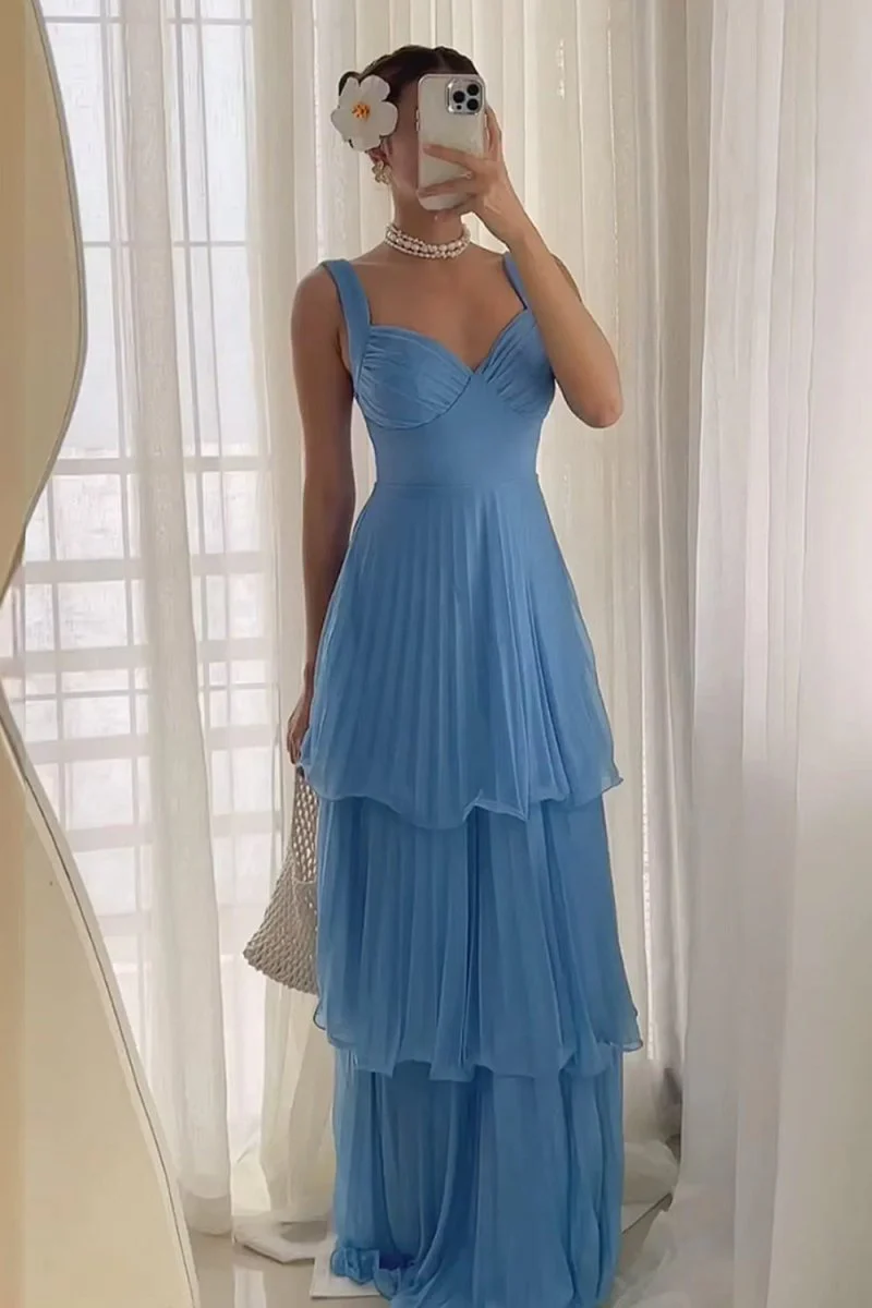Blue Sweetheart A-Line Chiffon Pleated Long Prom Dresses With Ruffles