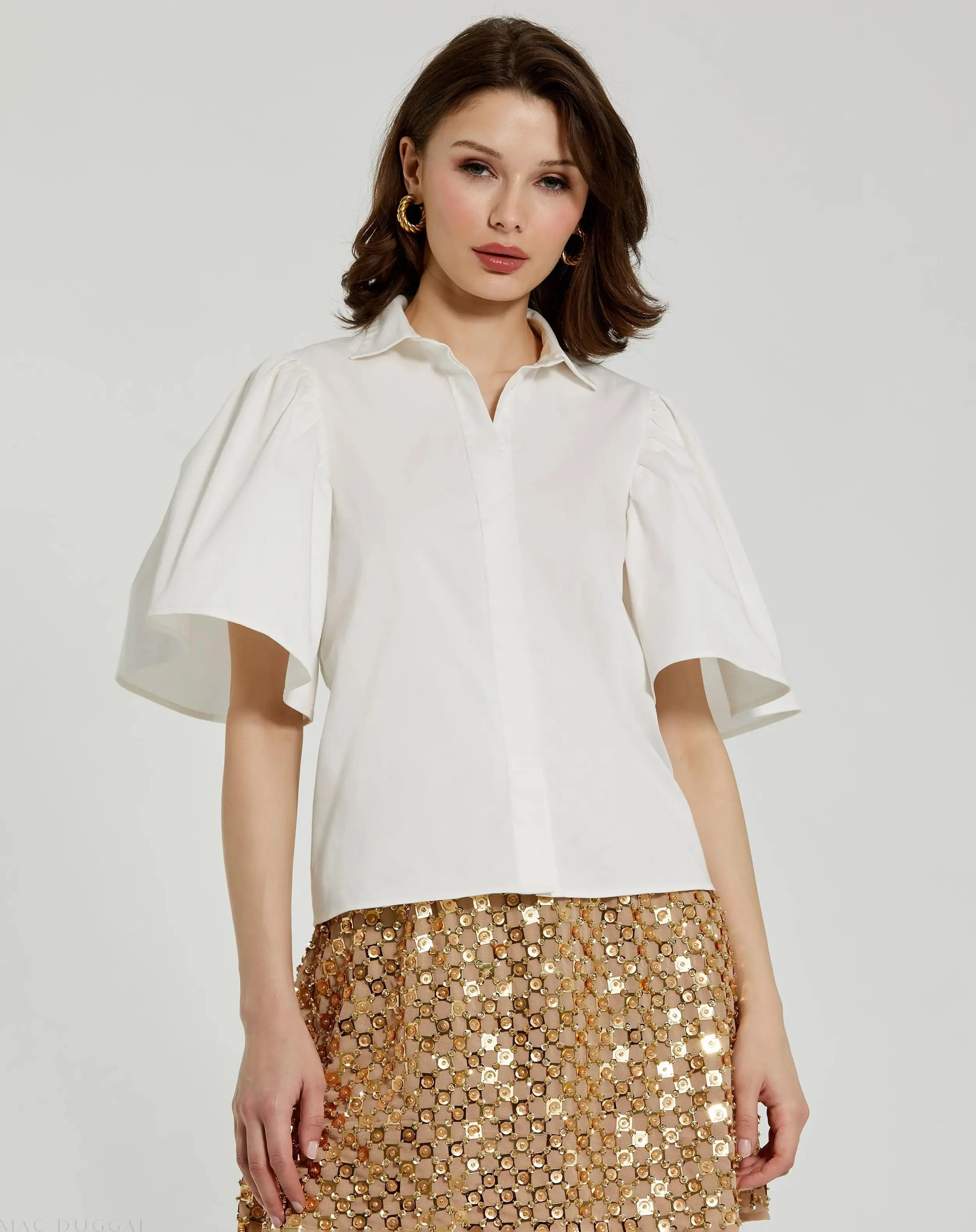 White Cotton Flare Ruffle Sleeve Button Up Top - FINAL SALE