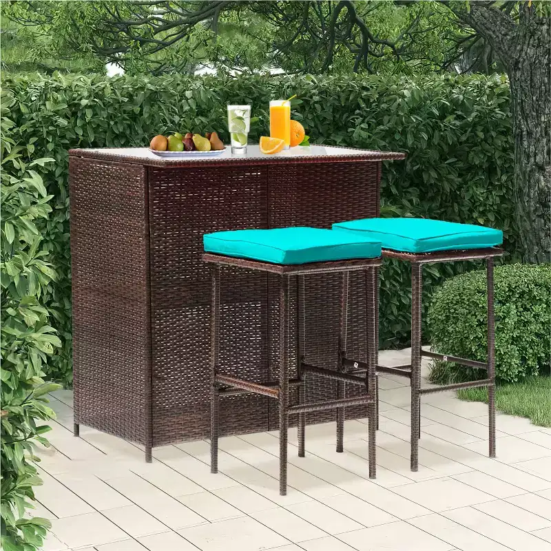 FDW 3 Piece Bar Set Patio Furniture Sturdy Frame Bar Height Table with Two Stools Glass Top and Storage Shelves Perfect for Balcony Pool Side