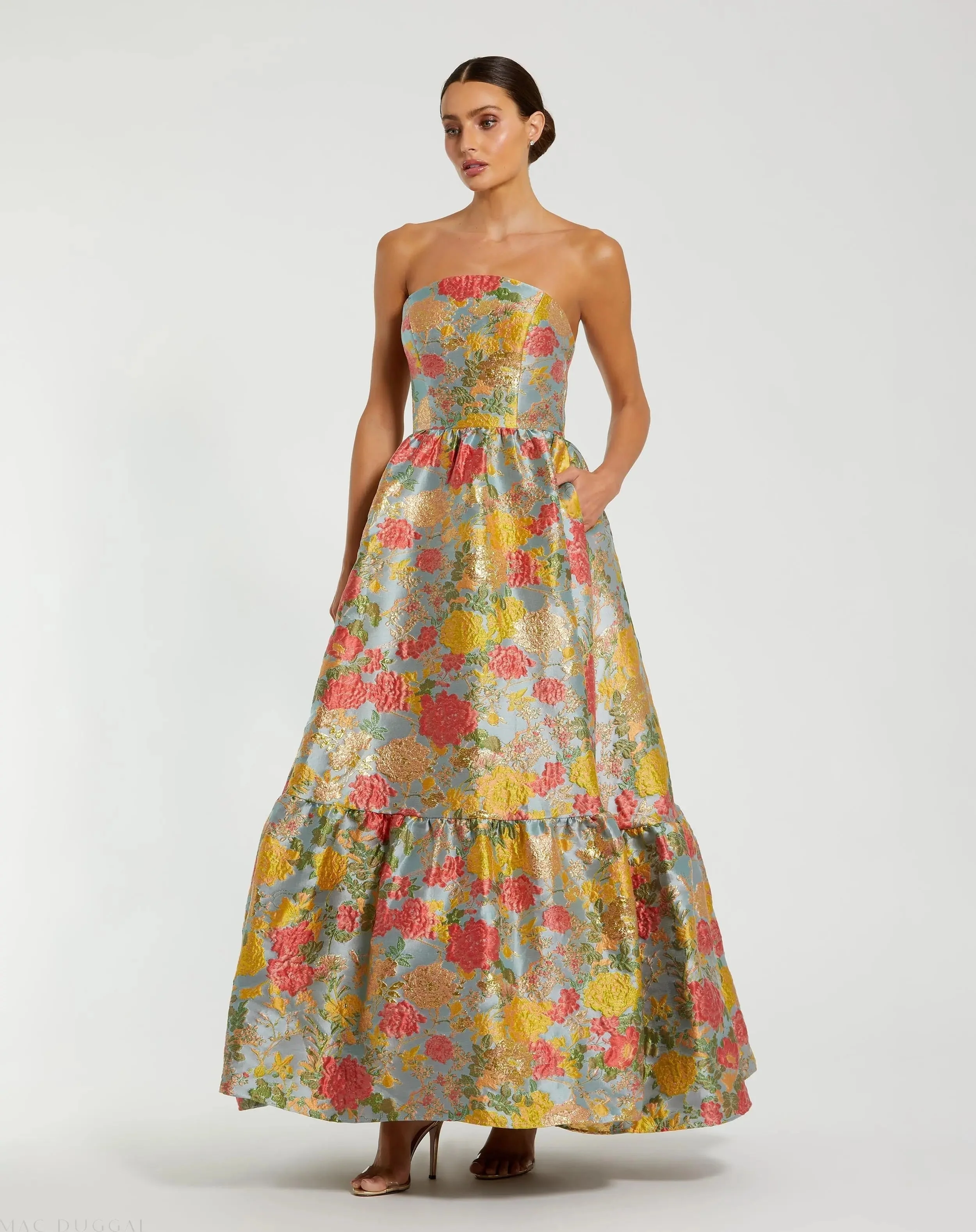Multicolor Strapless Floral Brocade Dress with Ruffles