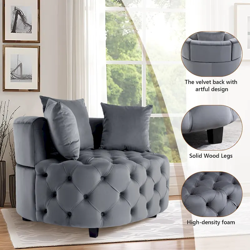 Velvet Modern Leisure Big Classical Barrel Chair with 2 Pillows