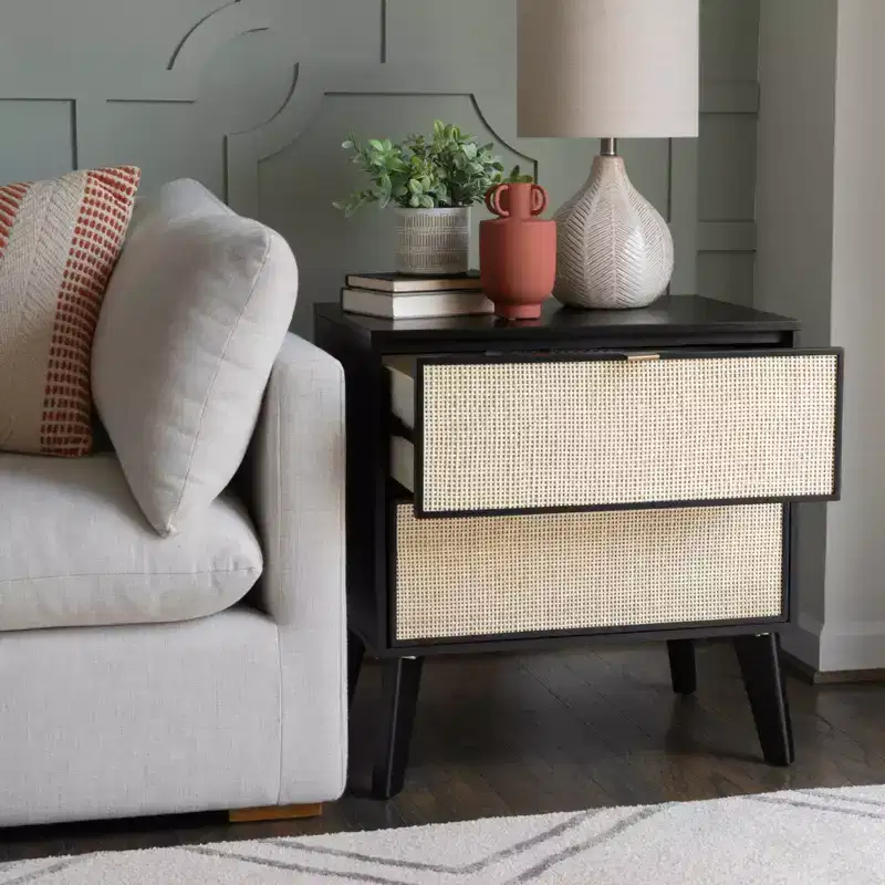 Powell Chancery Black and Cane Cane 2 Drawer Nightstand