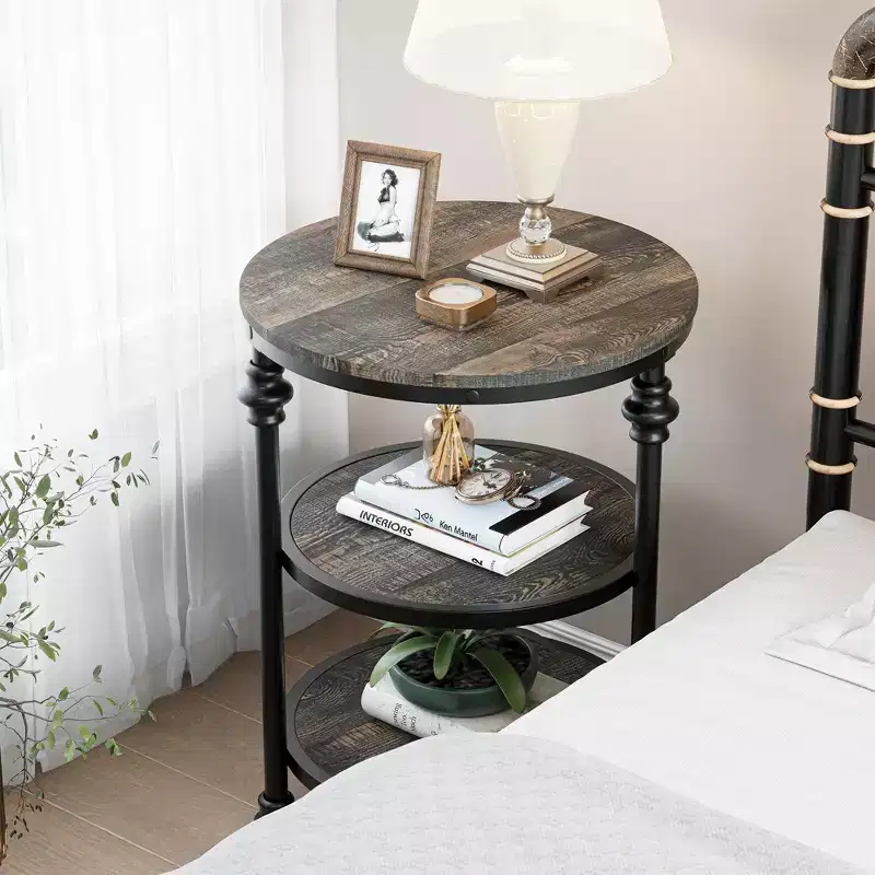3-Tier End Table with Storage, Rustic Farmhouse Side Table with Metal Column Legs, Dark Oak Accent Table for Living Room Bedroom
