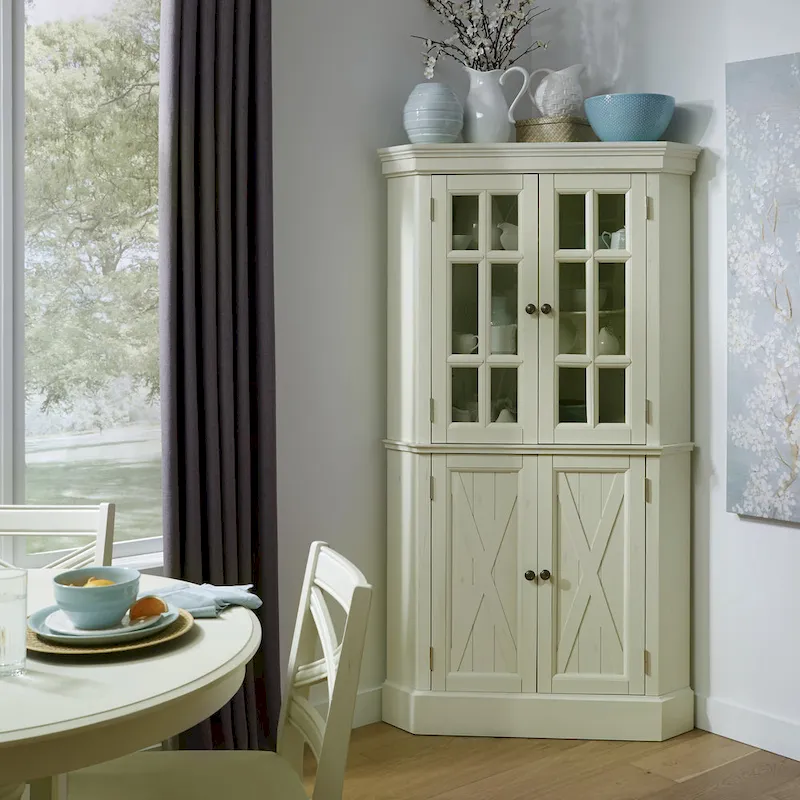 Off-White Corner China Cabinet with Glass Doors