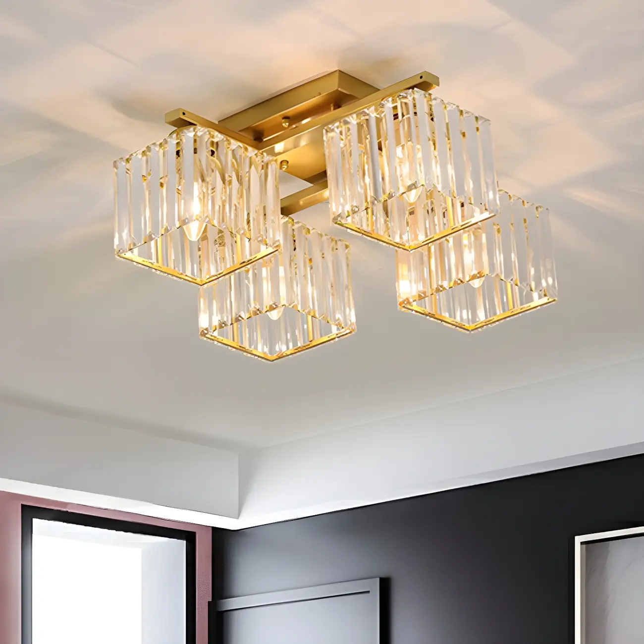 Modern Square Gold Crystal Flush Ceiling Light in 8 Lights