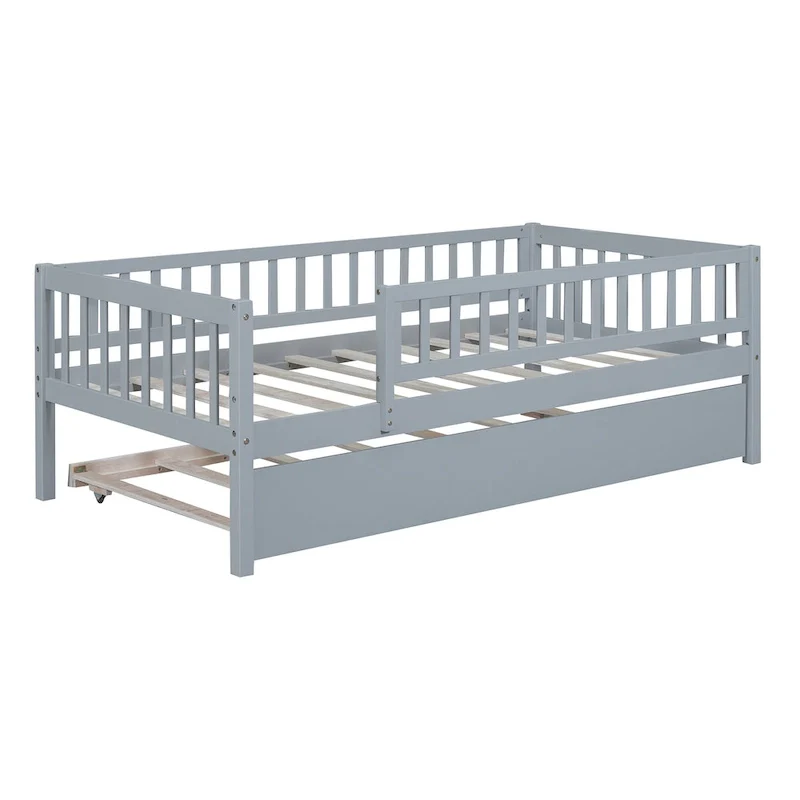 Wood Daybed with Trundle and Fence Guardrails