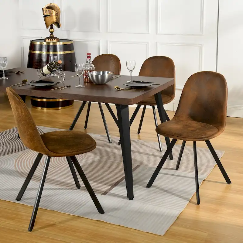 Dining Chair Set of 4 Suede Fabric Side Seating with Black Metal Legs