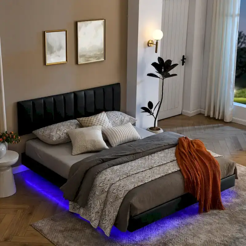 Floating Bed Frame With Led Lights And Wall Mounted Headboard