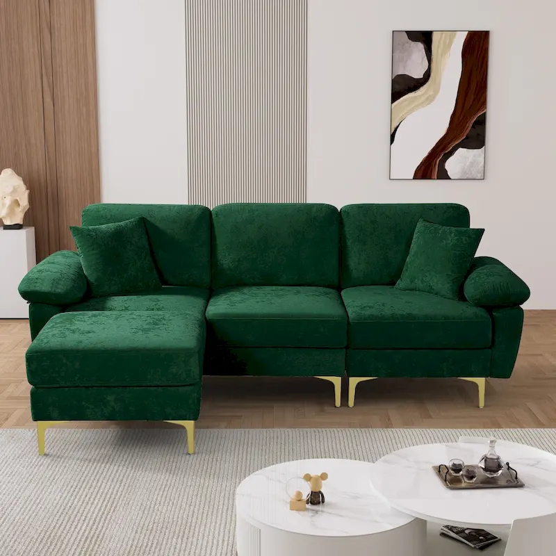 Upholstered Velvet Sectional Sofa with Pillows & Ottoman