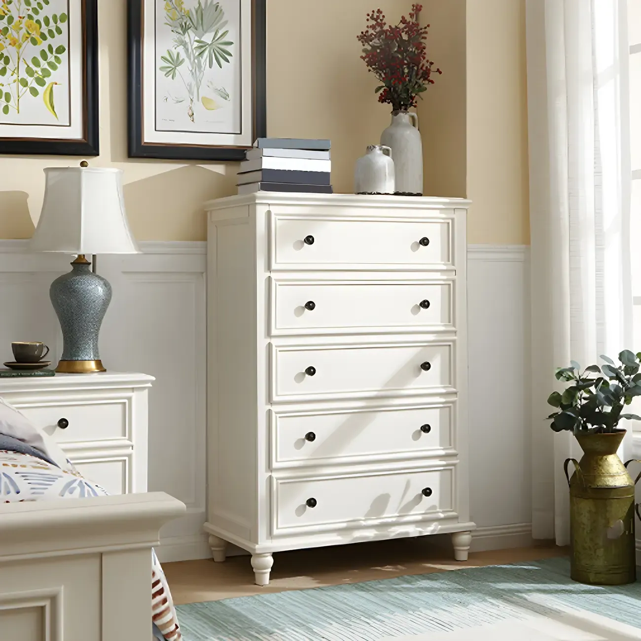 Classic White Wooden Dresser with 5-Drawers