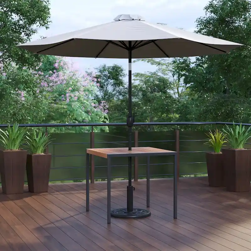 Black Steel Framed 35 Square Faux Teak Patio Table-Tan 9FT Patio Umbrella-Base