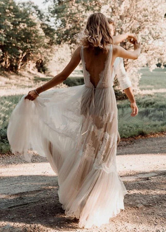 Bohemian Wedding Dresses V-Neck Backless Romantic Dreamy Bridal Gowns