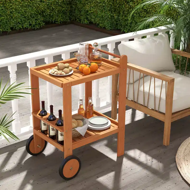 Costway 2-Tier Acacia Rolling Kitchen Trolley Cart Dining Serving Cart Outdoor w/ Wheels