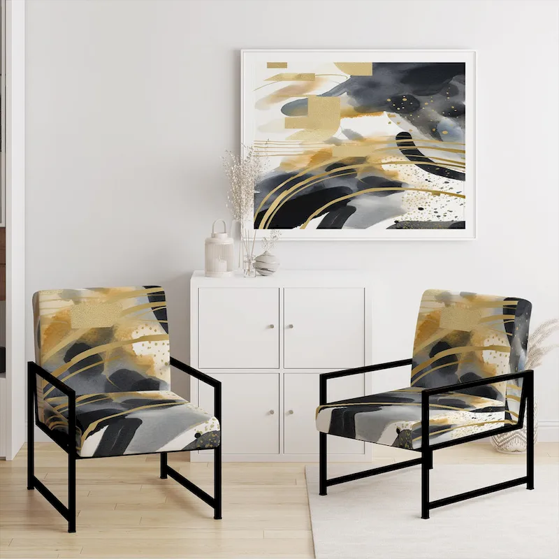 Designart  Pastel Abstract With Blue Black & Gold Spots III  Upholstered Fractals Accent Chair and Modern Arm Chair
