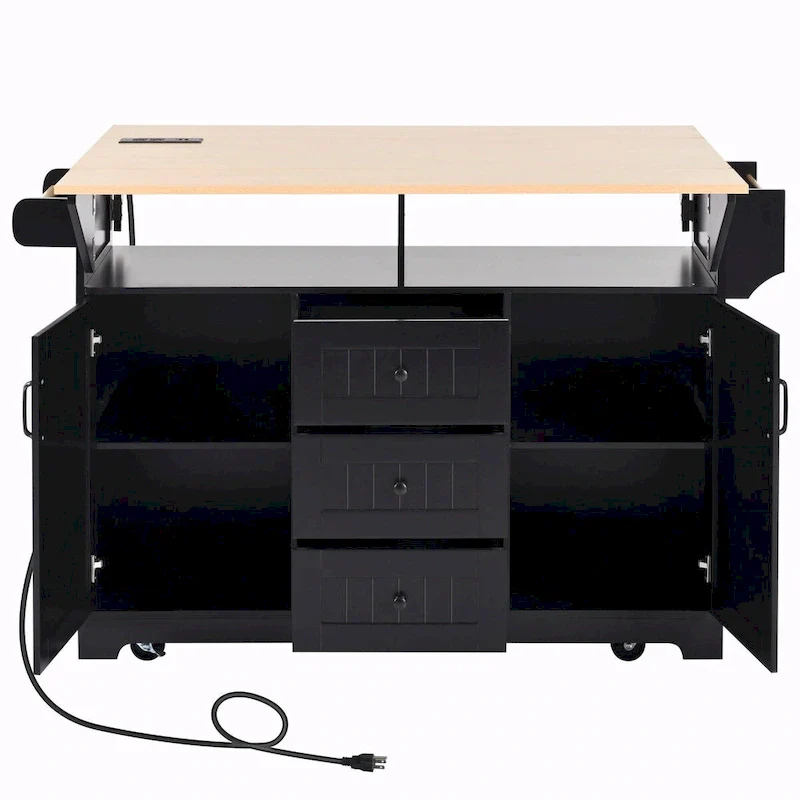 55.7 Kitchen Island with Drop Leaves, Rolling Cart with Power Outlet, Spice Rack, and 3 Drawers