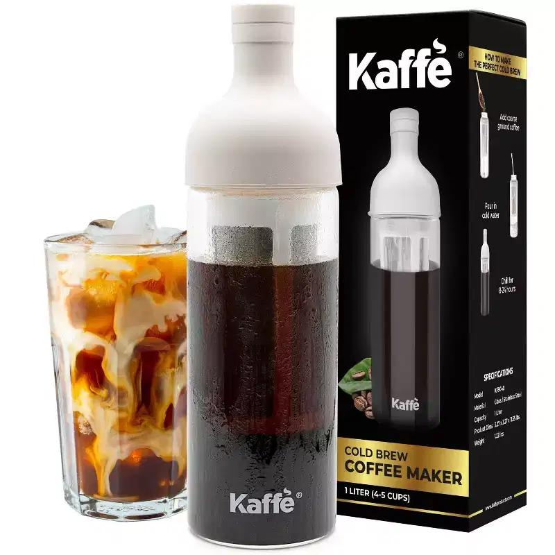Cold Brew Coffee Maker - Glass/Silicone Top - White - 1L: Kaffe, BPA-Free, Manual, Permanent Screen Filter, 8 Cup Capacity