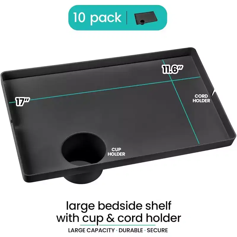 Modern Innovations Large Bedside Shelf 10 Pack Black Clip On Nightstand with Cup and Cord Holder for College Dorm Bunk Bed Top Bunk