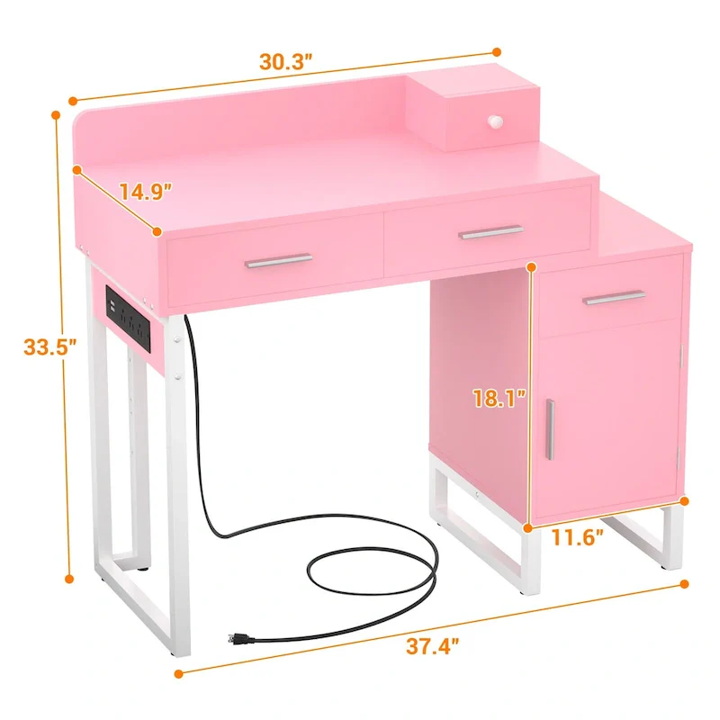 Reversible Makeup Vanity Desk With Charging Station and 4 Wooden Drawers and 1 Cabinet - N/A