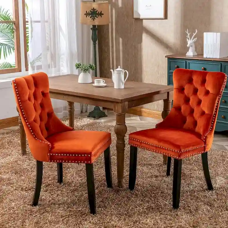 Tufted Solid Wood Contemporary Velvet Upholstered Dining Chairs with Nailhead Trim & Wood Legs, 2-Pcs Set