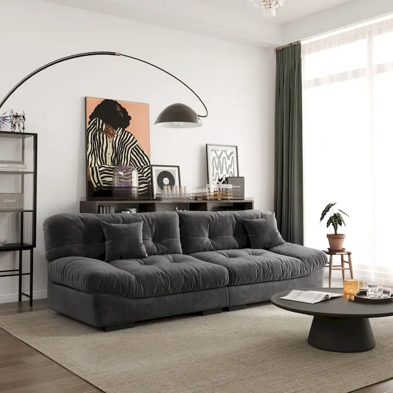 Grey / Pink / Beige Cloud Shape Sectional Sofa, Suede Velvet, 2-3 Seater