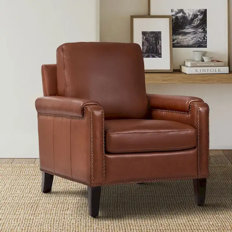 Kunz Transitional Genuine Leather Armchair with Removable Cushion and Nailhead Trims