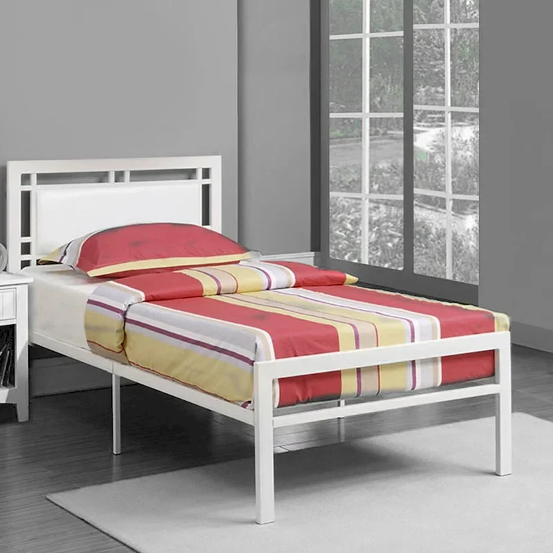 White Faux Leather Upholstered Full Bed with Metal Frame & Headboard – 1-Person