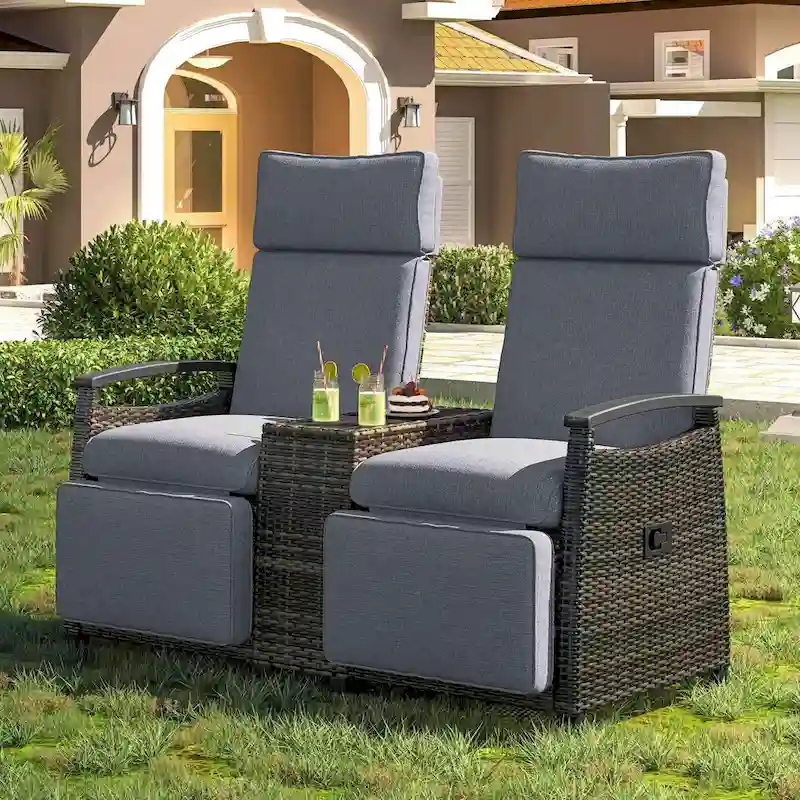 Wicker Patio Recliner Chair Set with Cushions and Storage Table