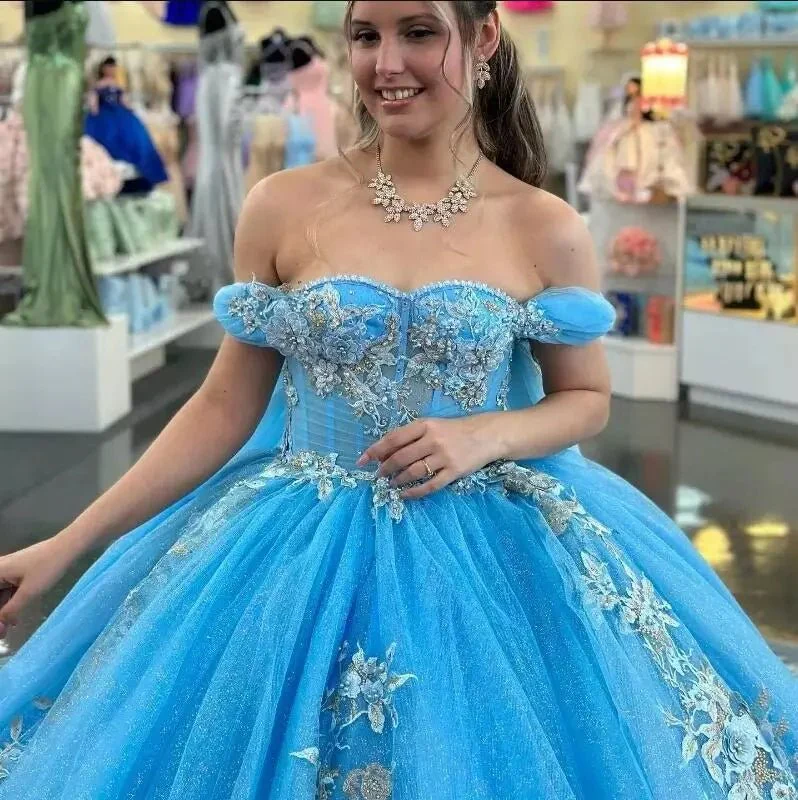 Ball-Gown Sky Blue Appliques Quinceanera Dresses with Cape