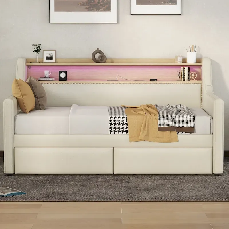 Beige/White Twin Upholstered Daybed with Storage and LED