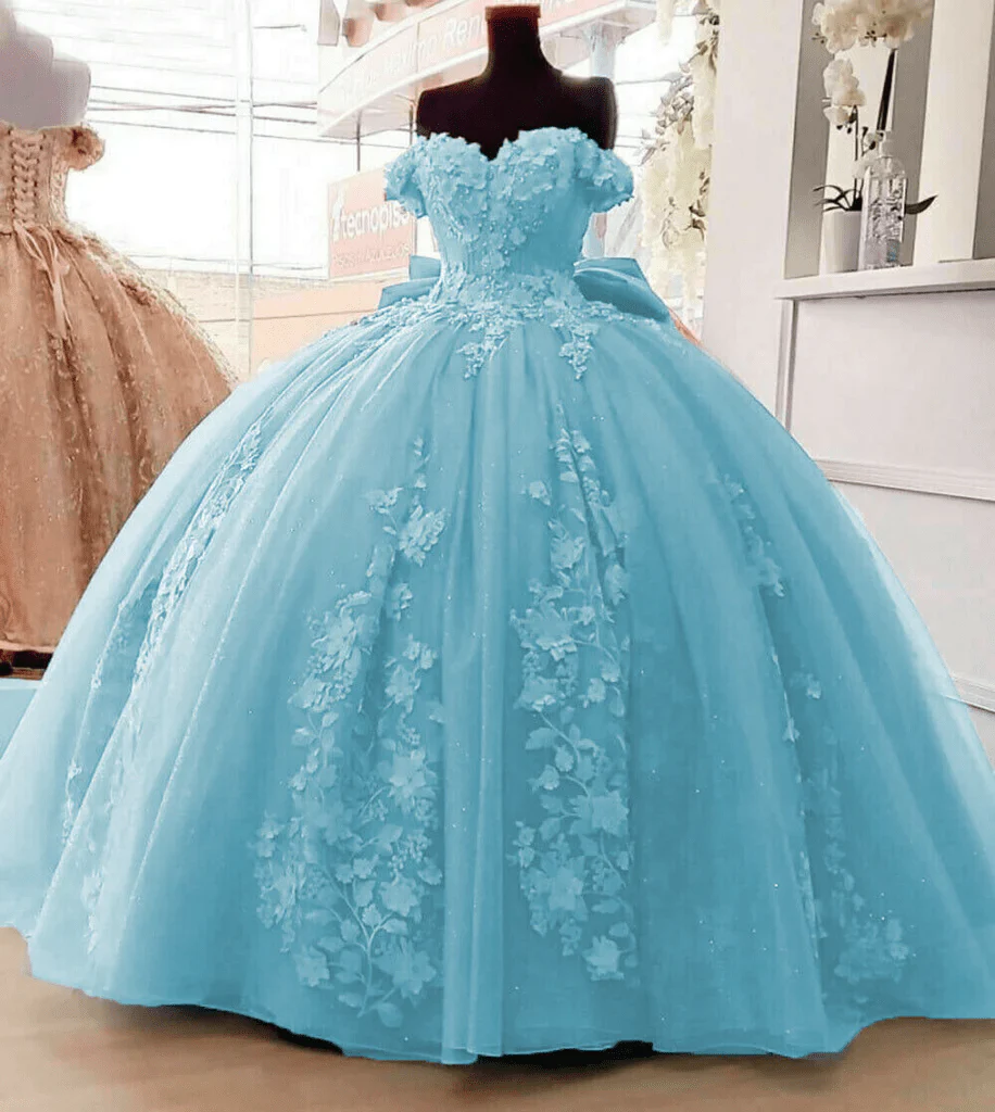 Off Shoulder 3D Floral Applique Quinceanera Dresses