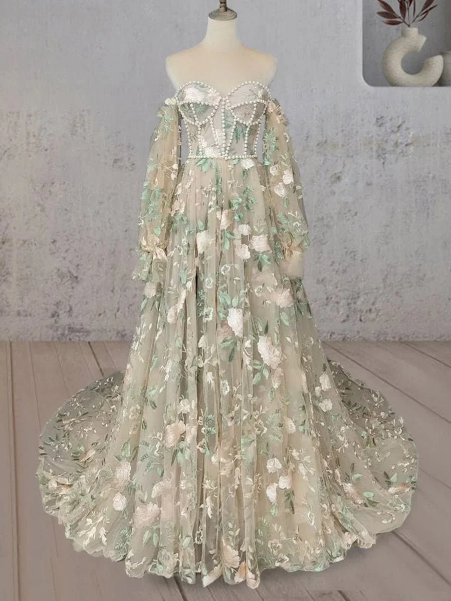 A-Line Light Green Sweetheart Pearl Wedding Dress