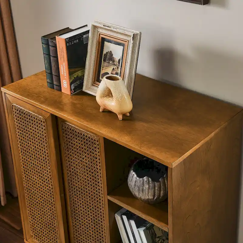 Mid Century Modern Rattan Sideboard Cabinet, Buffet Cabinet Adjustable Shelf & Solid Wood Feet - Light Wood