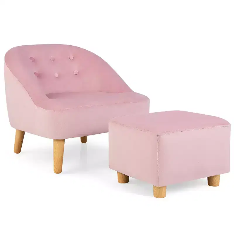 Costway Kids Sofa Chair w/ Ottoman Toddler Single Sofa Velvet Upholstered Couch Grey\Pink
