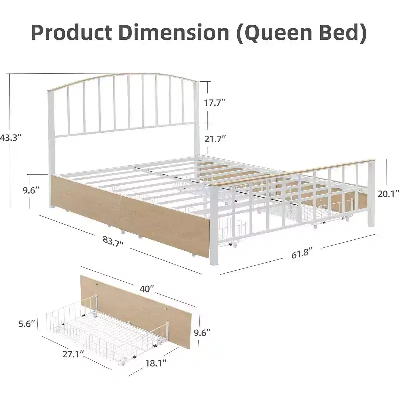 Platform Bed Frame with Headboard & Footboard, 4 Underbed Storage Drawers, Metal Slat Support, No Box Spring Needed, White+Oak