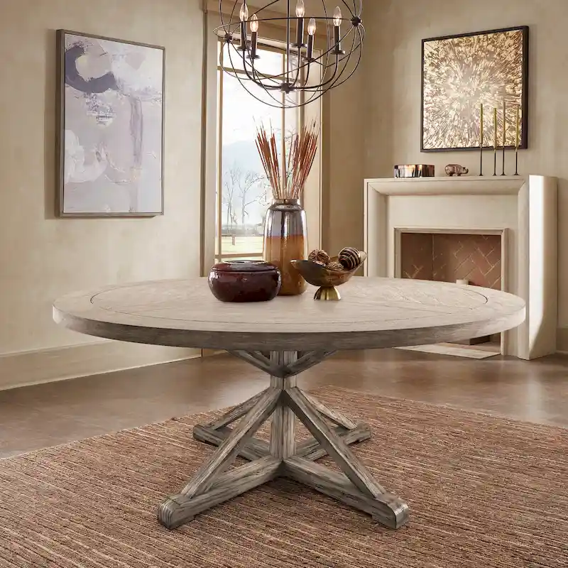 Antique Grey Round Dining Table – Rustic Pedestal Style, Seats 4–8