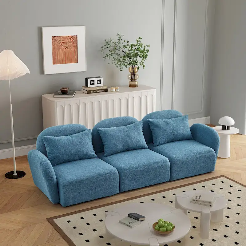 Pink / Blue / White Teddy Fabric 3-Seat Sofa with Curved Arms – Modern Style, Seats 3