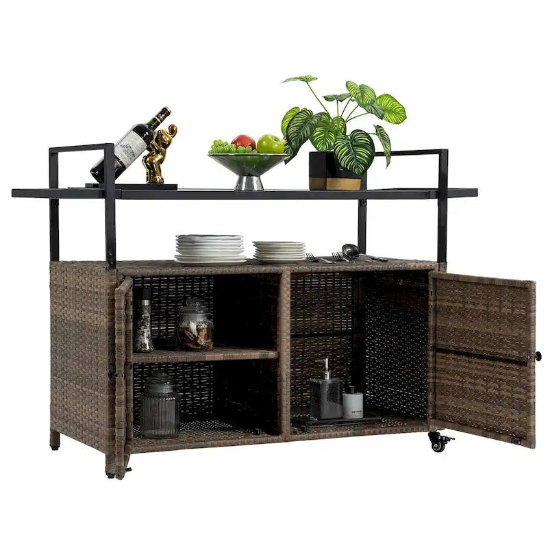 3-Tier Wicker Bar Serving Cart with Tempered Glass Tabletop & 360° Wheels